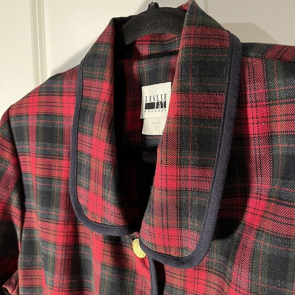 VINTAGE LESLIE FAY WOMENS 16 BLAZER JACKET TOP RED BLACK PLAID HOLIDAY PARTY NYE - Picture 2 of 10